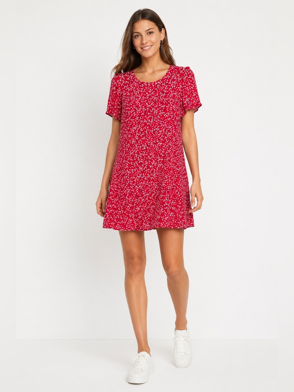 Old Navy Cherry Red Ditsy Floral Short-Sleeve Flowy Dress